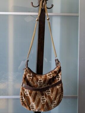 📼 Unique Vintage Brown Patterned 70s Hobo Bag with Gold Chain Strap